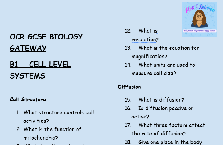 Cell Level Biology - GCSE Biology B1 Retrieval Questions | OCR Gateway Science