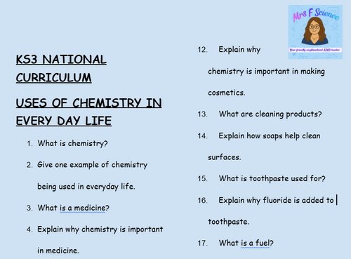 KS3 Science Uses of Chemistry in Everyday Life Retrieval Questions | National Curriculum | 30 Questions