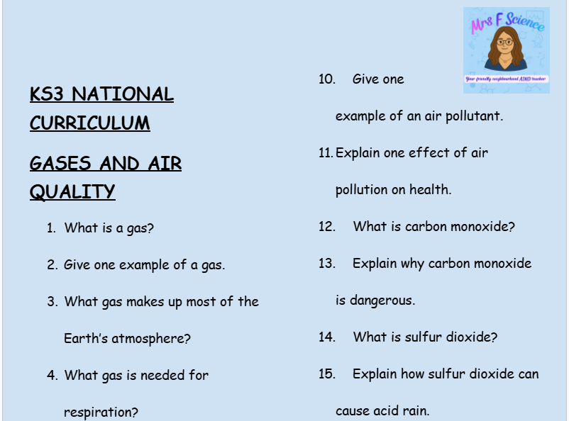 KS3 Science Gases and Air Quality Retrieval Questions | National Curriculum | 30 Questions