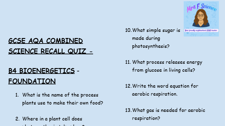 GCSE Biology B4 Bioenergetics – 30 Retrieval Questions (Higher Tier | AQA)