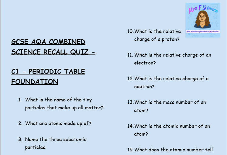 AQA GCSE Chemistry C1 Atomic Structure & Bonding Retrieval Questions | Foundation Tier