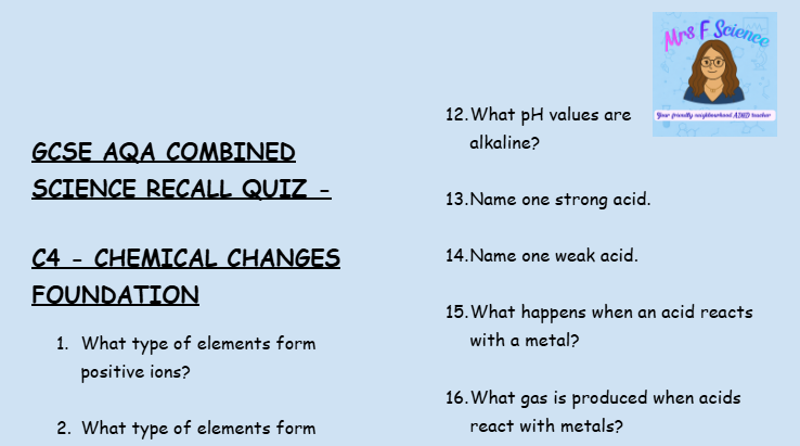 Chemical Changes - GCSE Chemistry C4 Retrieval Questions | AQA Foundation Tier