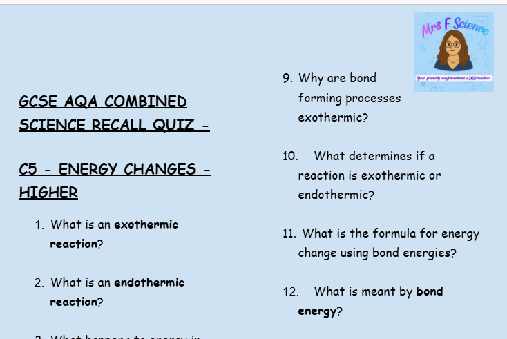 Energy Changes - GCSE Chemistry C5 Retrieval Questions | AQA Higher Tier
