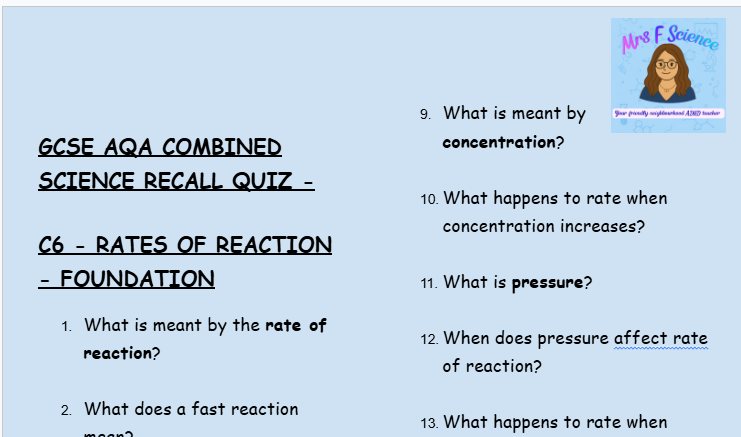 Rates of Reaction - GCSE Chemistry C6 Retrieval Questions | AQA Foundation Tier