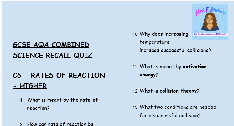 Rates of Reaction - GCSE Chemistry C6 Retrieval Questions | AQA Higher Tier