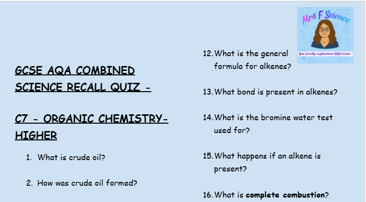 Organic Chemistry - GCSE Chemistry C7 Retrieval Questions | AQA Higher Tier
