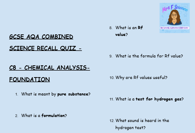 Chemical Analysis - GCSE Chemistry C8 Retrieval Questions | AQA Foundation Tier