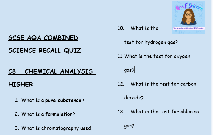 Chemical Analysis - GCSE Chemistry C8 Retrieval Questions | AQA Higher Tier