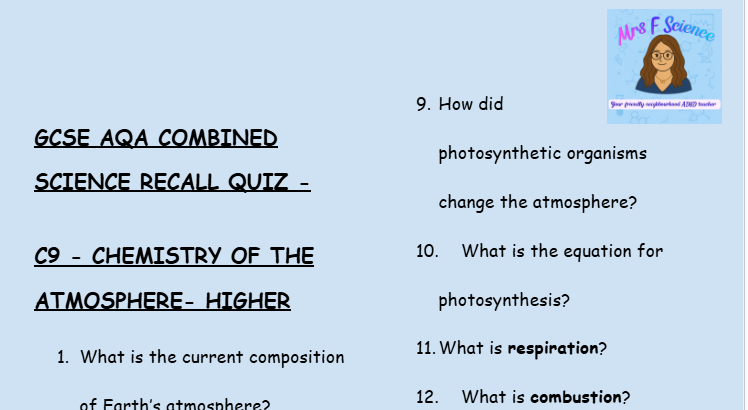 Chemistry of the Atmosphere - GCSE Chemistry C9 Retrieval Questions | AQA Higher Tier