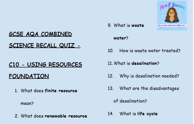 Using Resources - GCSE Chemistry C10 Retrieval Questions | AQA Foundation Tier