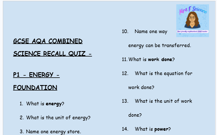 AQA GCSE Physics P1 Energy Retrieval Questions | Foundation Tier
