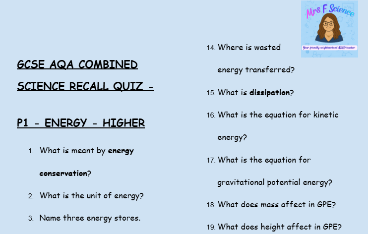 AQA GCSE Physics P1 Energy Retrieval Questions | Higher Tier