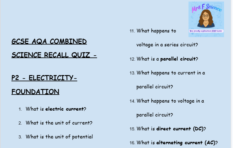 Electricity - GCSE Physics P2 Retrieval Questions | AQA Foundation Tier