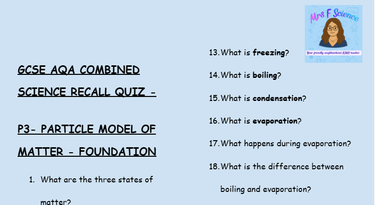 Particle Model of Matter - GCSE Physics P3 Retrieval Questions | AQA Foundation Tier