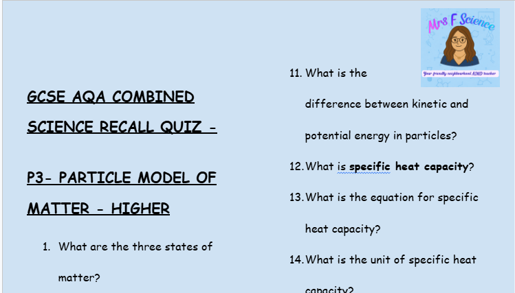 Particle Model of Matter - GCSE Physics P3 Retrieval Questions | AQA Higher Tier