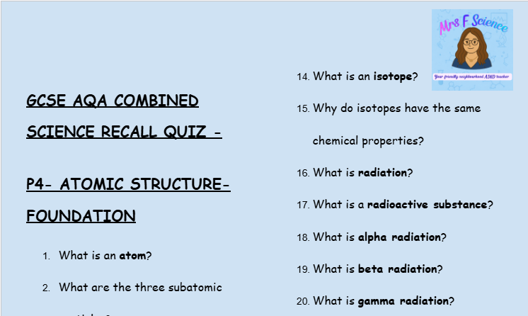 GCSE Physics P4 Atomic Structure – 30 Retrieval Questions (Foundation Tier | AQA)