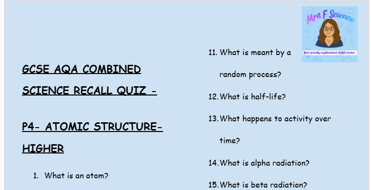 GCSE Physics P4 Atomic Structure – 30 Retrieval Questions (Higher Tier | AQA)