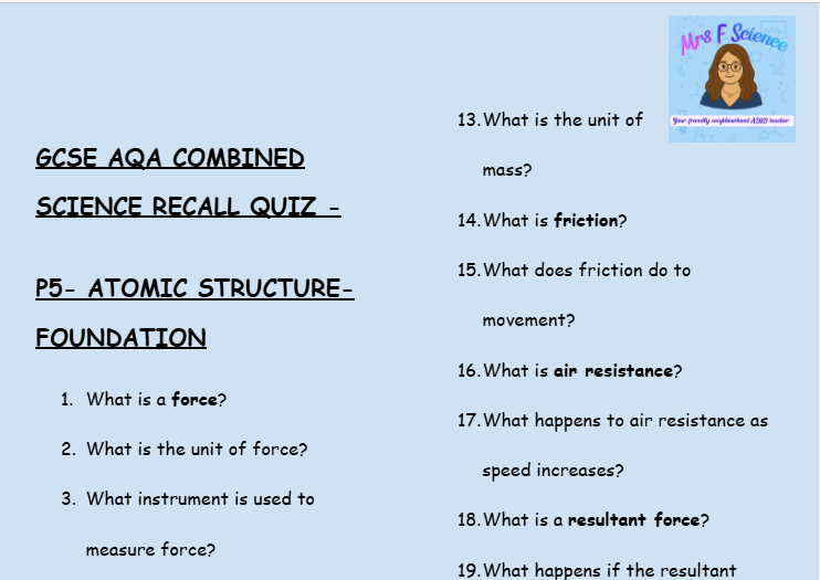 GCSE Physics P5 Forces – 30 Retrieval Questions (Foundation Tier | AQA)