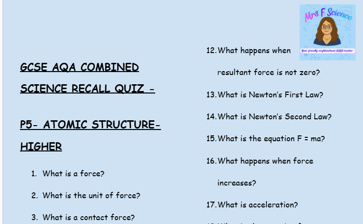 GCSE Physics P5 Forces – 30 Retrieval Questions (Higher Tier | AQA)