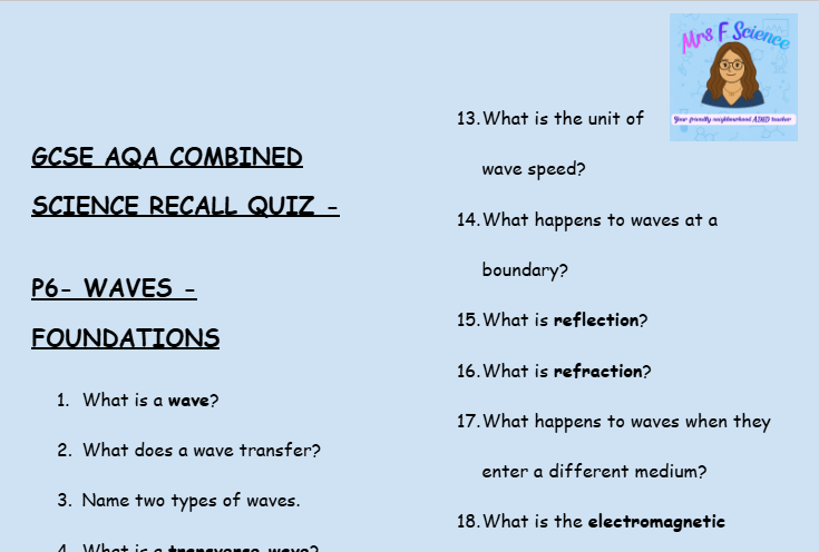 GCSE Physics P6 Waves – 30 Retrieval Questions (Foundation Tier | AQA)