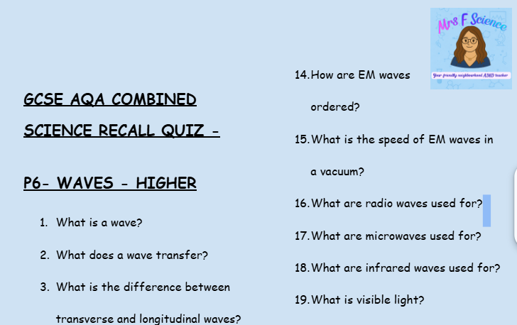 GCSE Physics P6 Waves – 30 Retrieval Questions (Higher Tier | AQA)