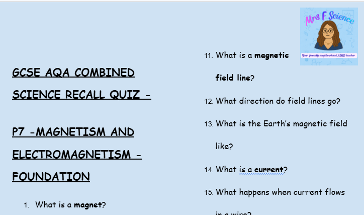 GCSE Physics P7 Magnetism & Electromagnetism – 30 Retrieval Questions (Foundation Tier | AQA)