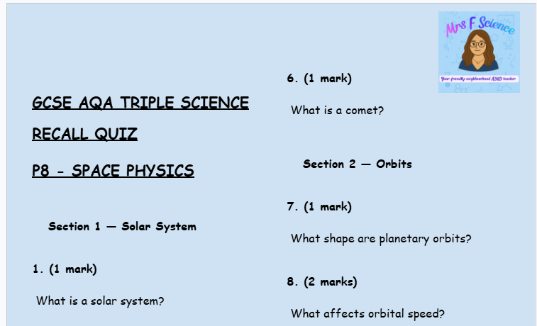 Space Physics - GCSE Physics P8 Retrieval Questions | AQA