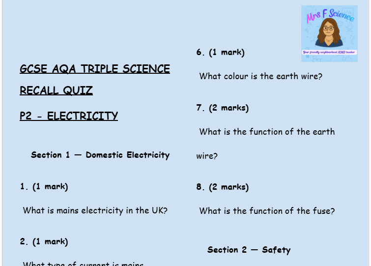 Electricity - GCSE Physics P2 Retrieval Questions | AQA Triple Science