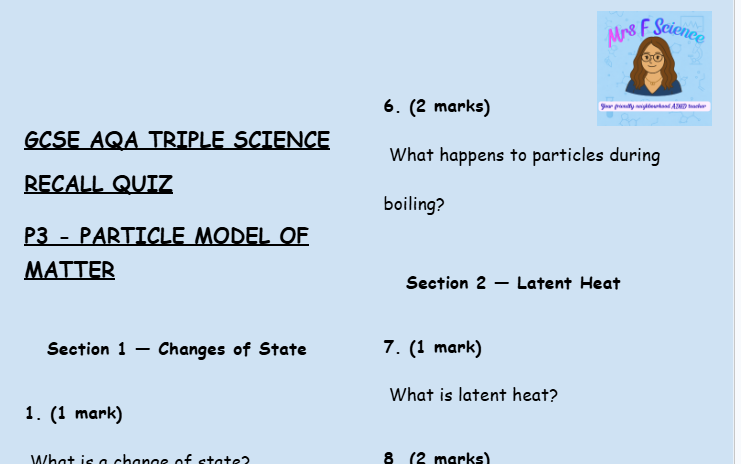 Particle Model of Matter - GCSE Physics P3 Retrieval Questions | AQA Triple Science