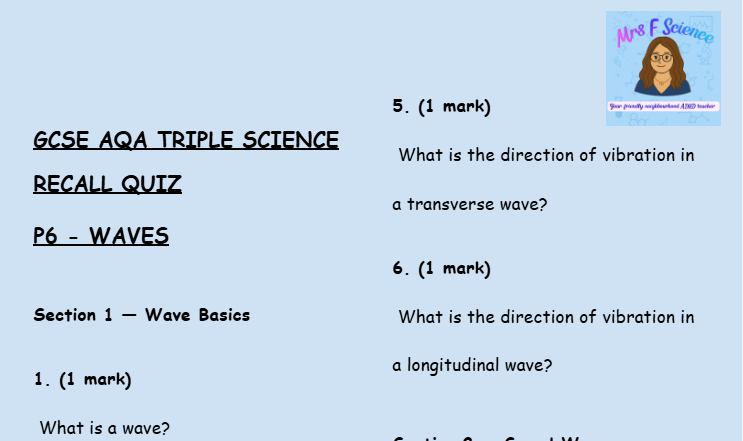 Waves - GCSE Physics P6 Retrieval Questions | AQA Triple Science