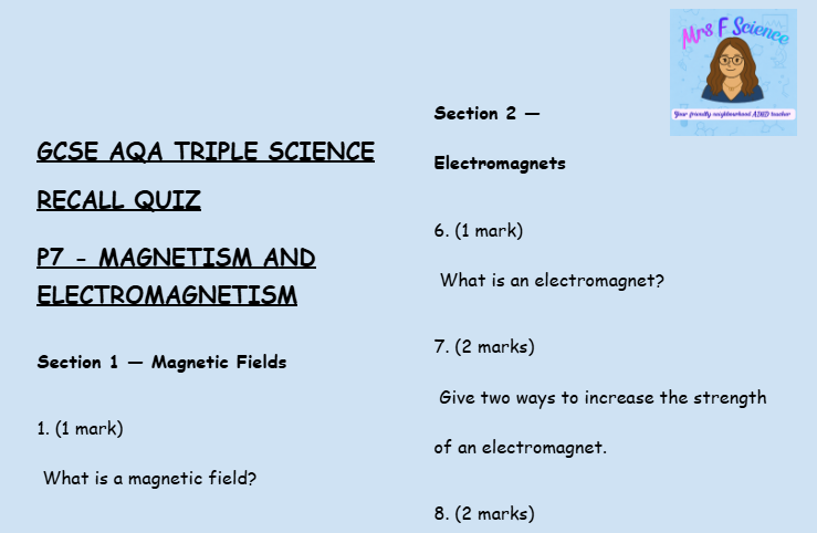 Magnets & Electromagnetism - GCSE Physics P7 Retrieval Questions | AQA Triple Science