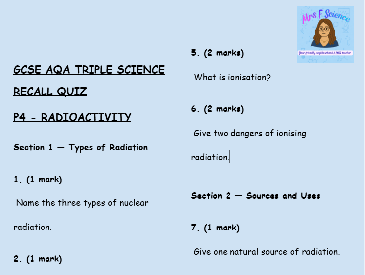 Radioactivity - GCSE Physics P4 Retrieval Questions | AQA Triple Science