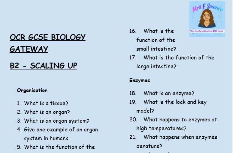 Scaling Up - GCSE Biology B2 Retrieval Questions | OCR Gateway Science