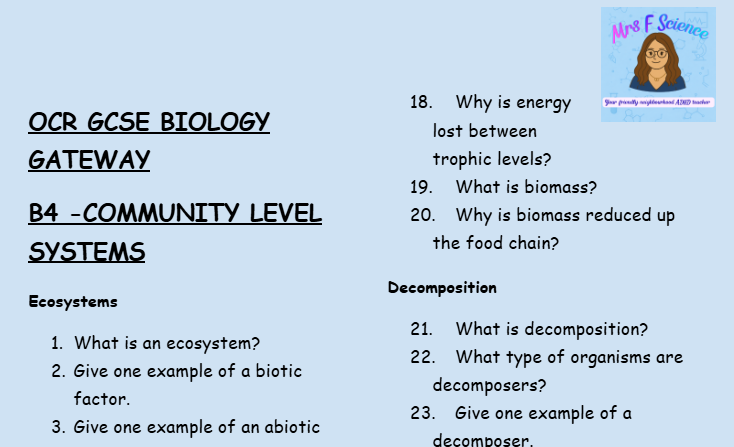 Community Level Systems - GCSE Biology B4 Retrieval Questions | OCR Gateway Science