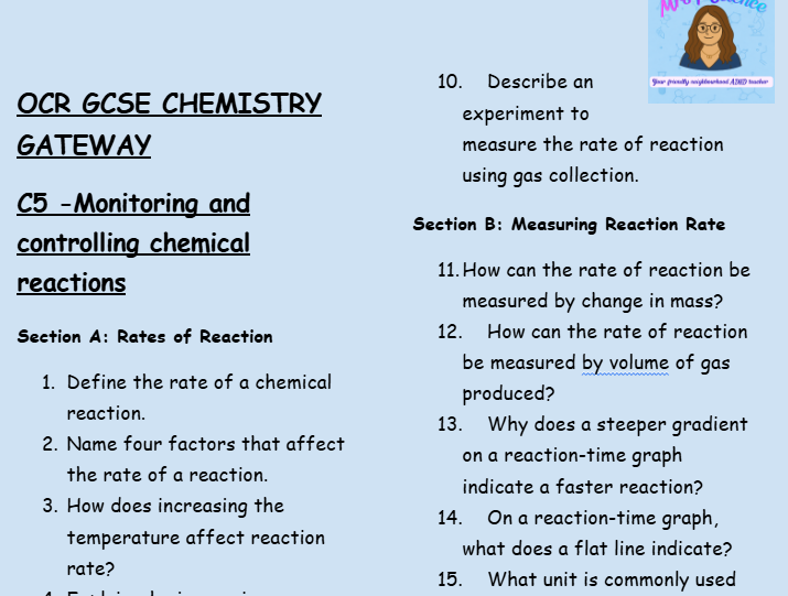 Monitoring and Controlling Chemical Reactions - GCSE Chemistry C5 Retrieval Questions | OCR Gateway Science
