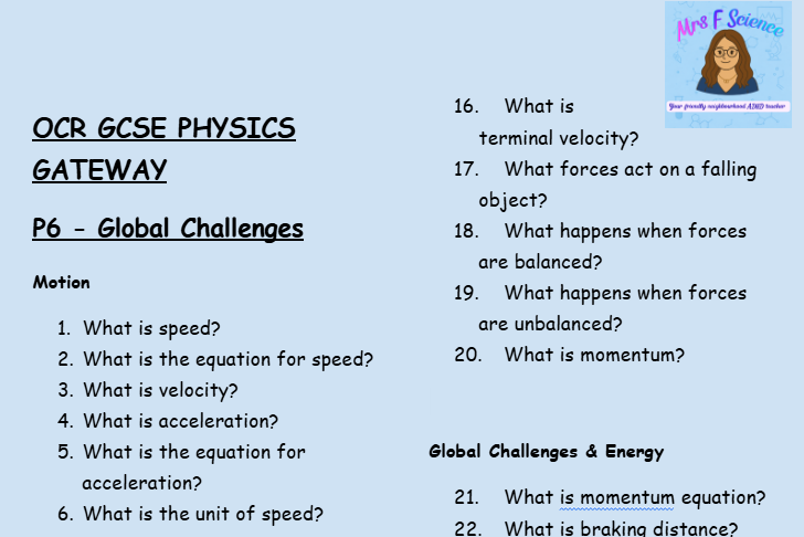 Global Challenges - GCSE Physics P6 Retrieval Questions | OCR Gateway Science
