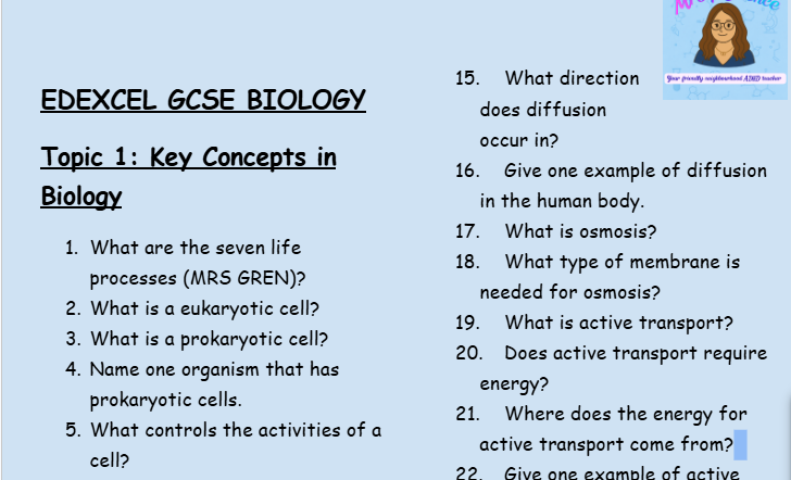 Key Concepts in Biology – GCSE Biology Topic 1 Retrieval Questions | Edexcel