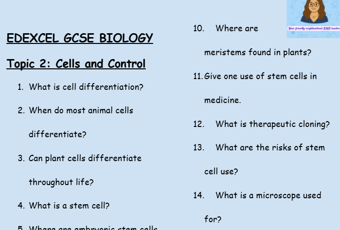 Cells and Control – GCSE Biology Topic 2 Retrieval Questions | Edexcel