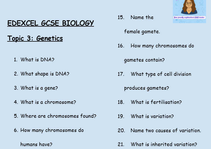 Genetics – GCSE Biology Topic 3 Retrieval Questions | Edexcel