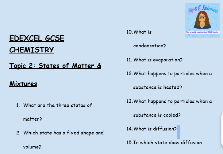 States of Matter and Mixtures – GCSE Chemistry Topic 2 Retrieval Questions | Edexcel