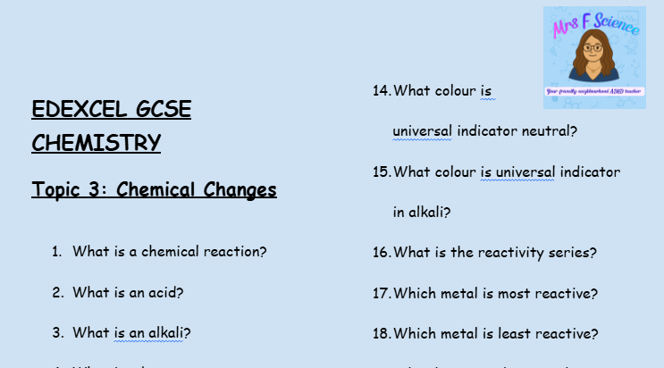 Chemical Changes – GCSE Chemistry Topic 3 Retrieval Questions | Edexcel