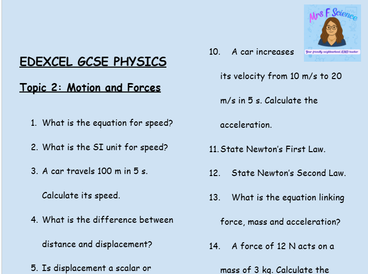 Movement and Forces – GCSE Physics Topic 2 Retrieval Questions | Edexcel
