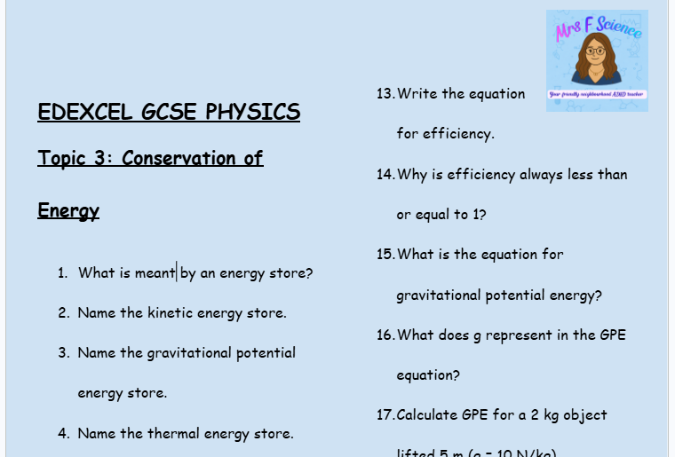 Conservation of Energy – GCSE Physics Topic 3 Retrieval Questions | Edexcel