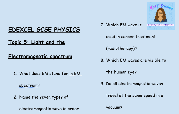 Light and the Electromagnetic Spectrum – GCSE Physics Topic 5 Retrieval Questions | Edexcel