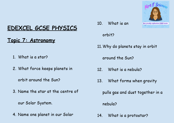 Astronomy – Topic 7 GCSE Physics Retrieval Questions | Edexcel