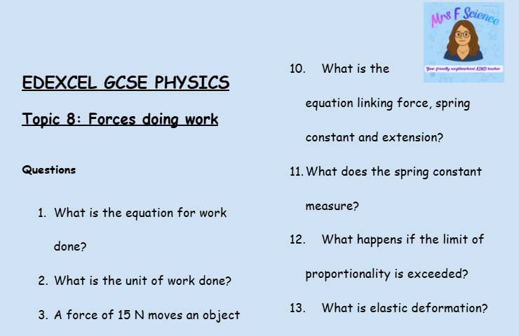 Forces Doing Work – GCSE Physics Topic 8 Retrieval Questions | Edexcel