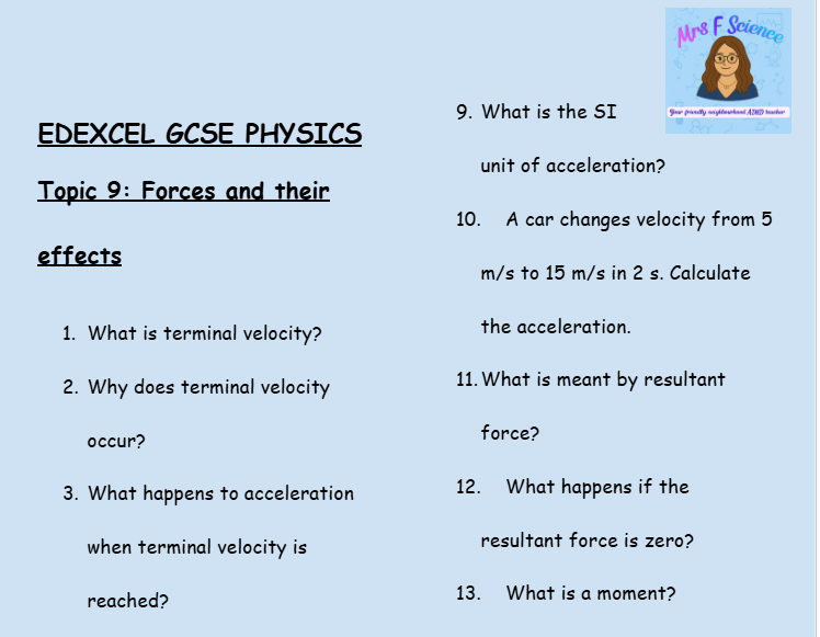 Forces and Their Effects – GCSE Physics Topic 9 Retrieval Questions | Edexcel