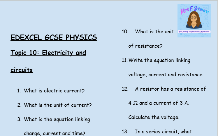 Electricity and Circuits – GCSE Physics Topic 10 Retrieval Questions | Edexcel