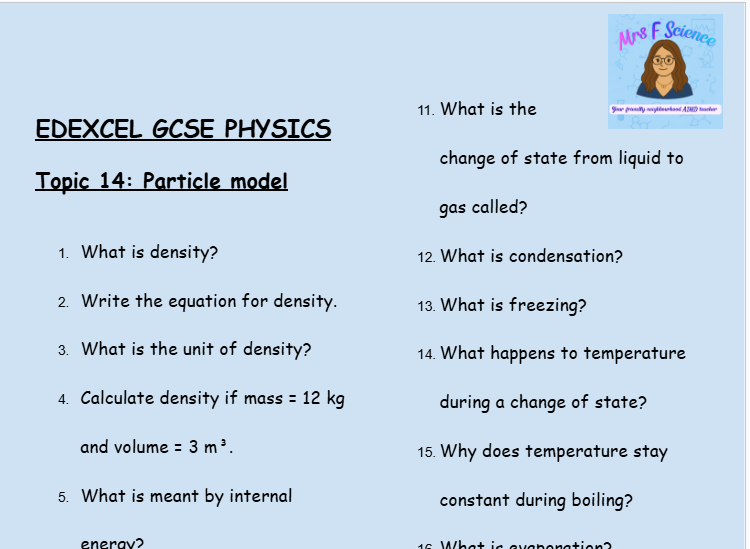 Particle Model of Matter – GCSE Physics Topic 14 Retrieval Questions | Edexcel
