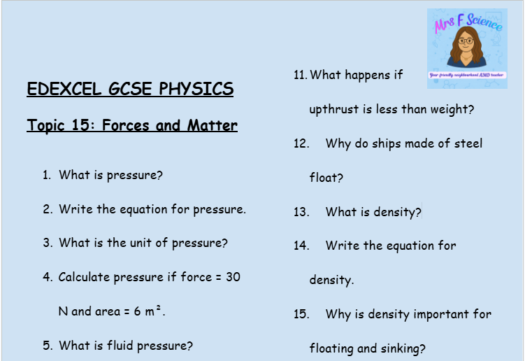 Forces and Matter – GCSE Physics Topic 15 Retrieval Questions | Edexcel